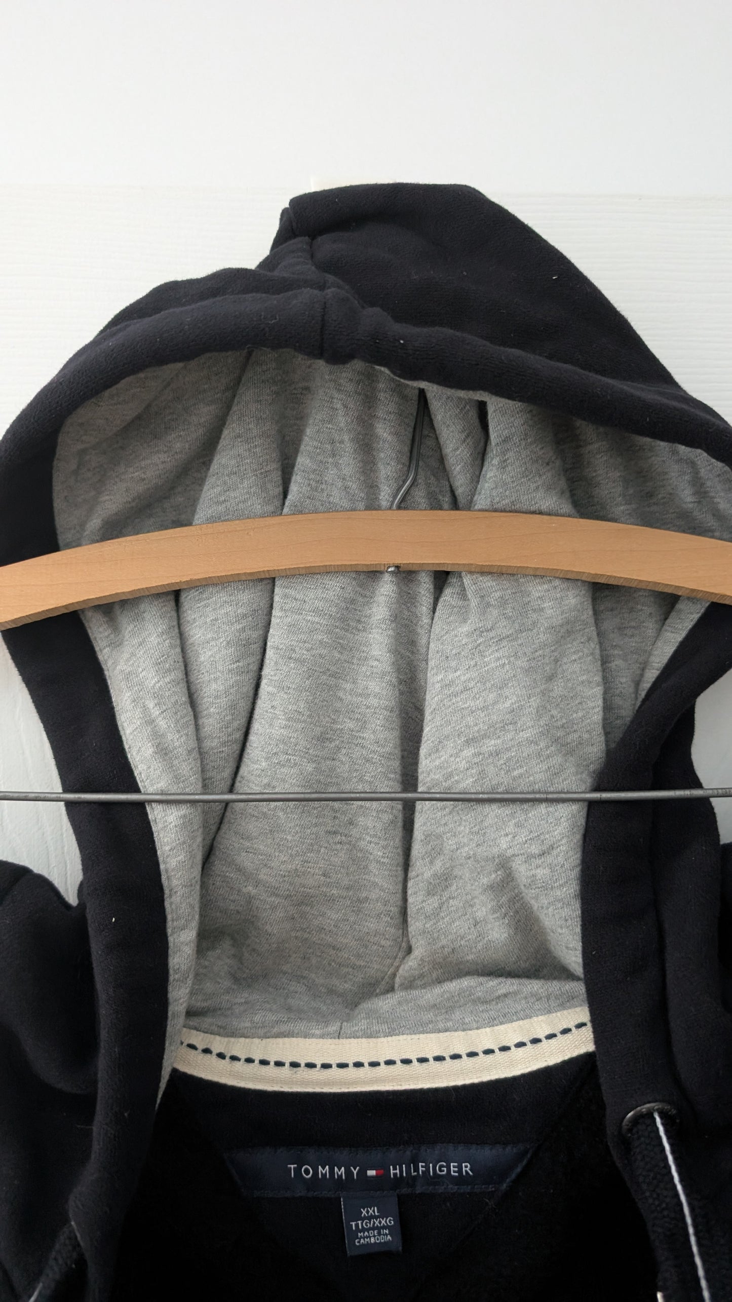 Tommy Hilfiger Full Zip Hoodie Black XXL Fleece Lined Logo Flag Hooded Sweatshirt