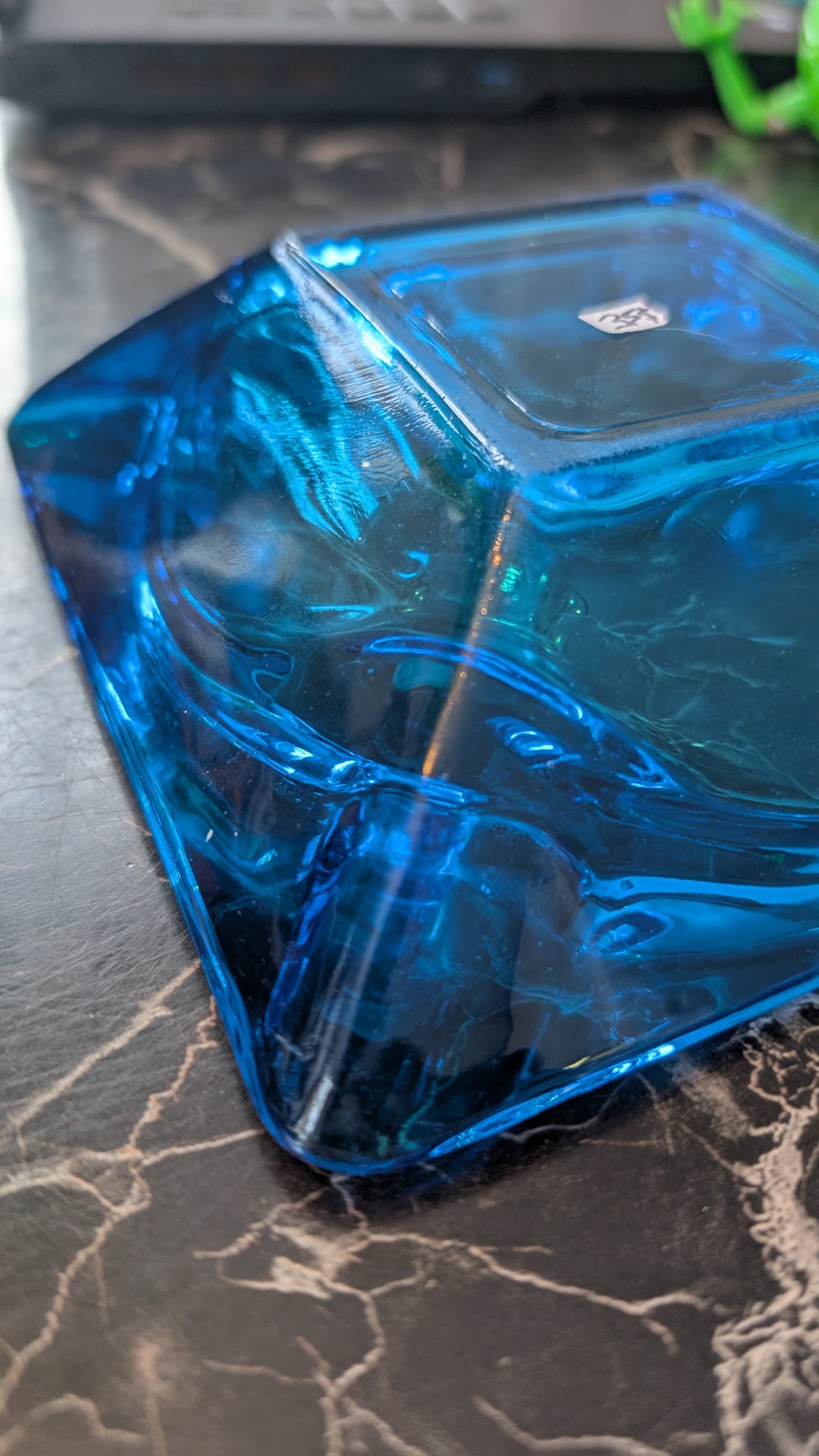 Vintage Turquoise Aqua Blue Glass Square Ashtray – Mid Century Style – Heavy Pressed Glass