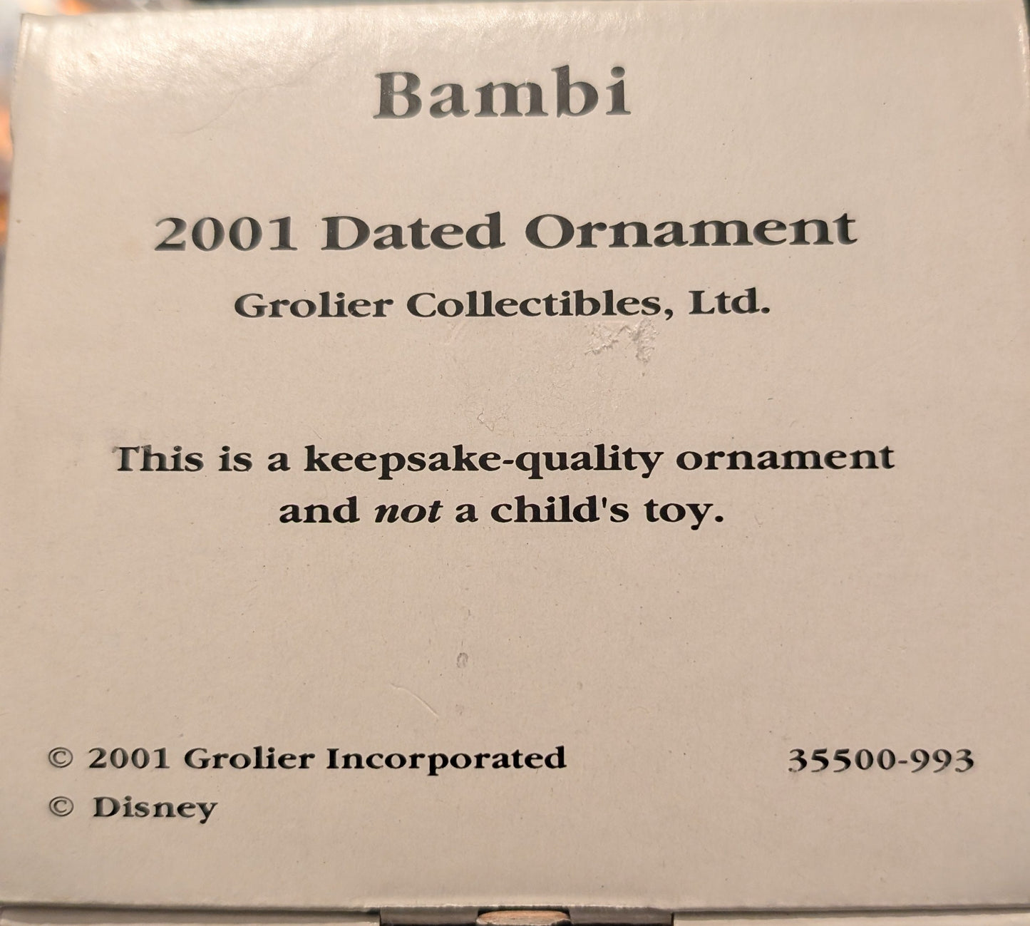 Grolier Collectibles Disney Bambi 2001 Dated Christmas Ornament New in Box 35500-993