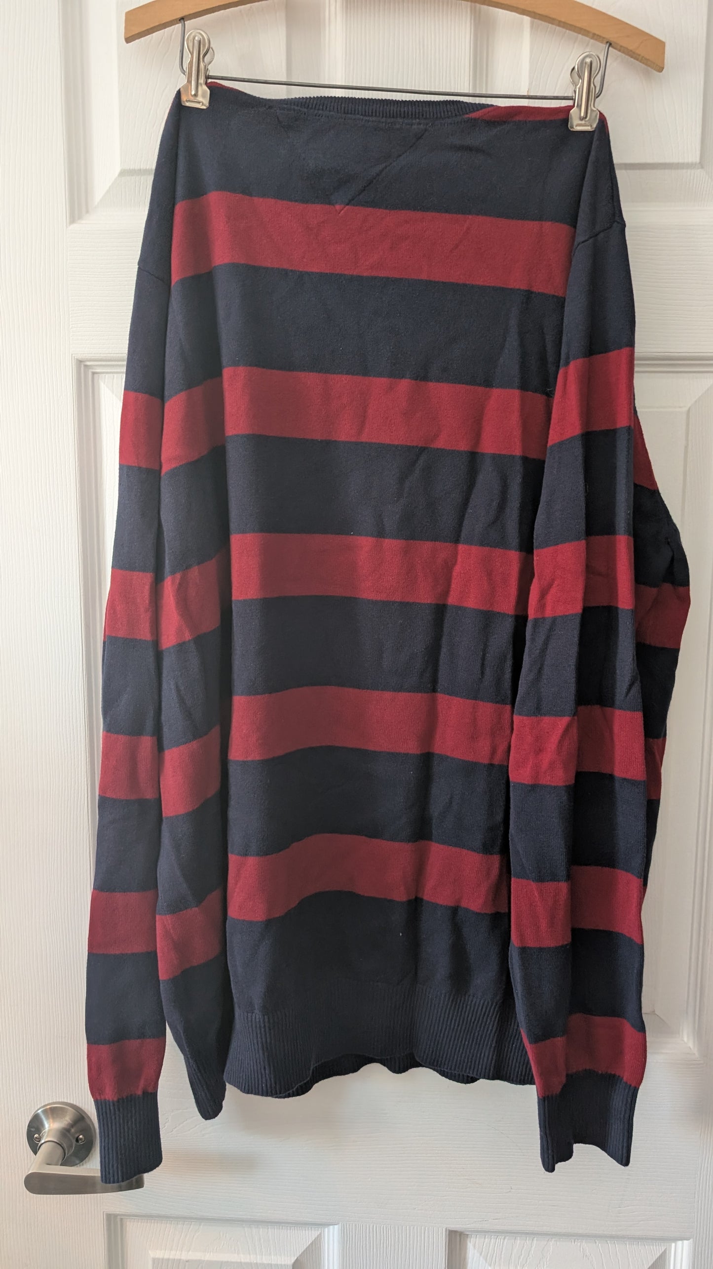 Tommy Hilfiger Men’s V-Neck Sweater Red Navy Stripe 100% Cotton Size XXL