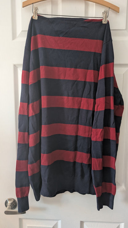 Tommy Hilfiger Men’s V-Neck Sweater Red Navy Stripe 100% Cotton Size XXL