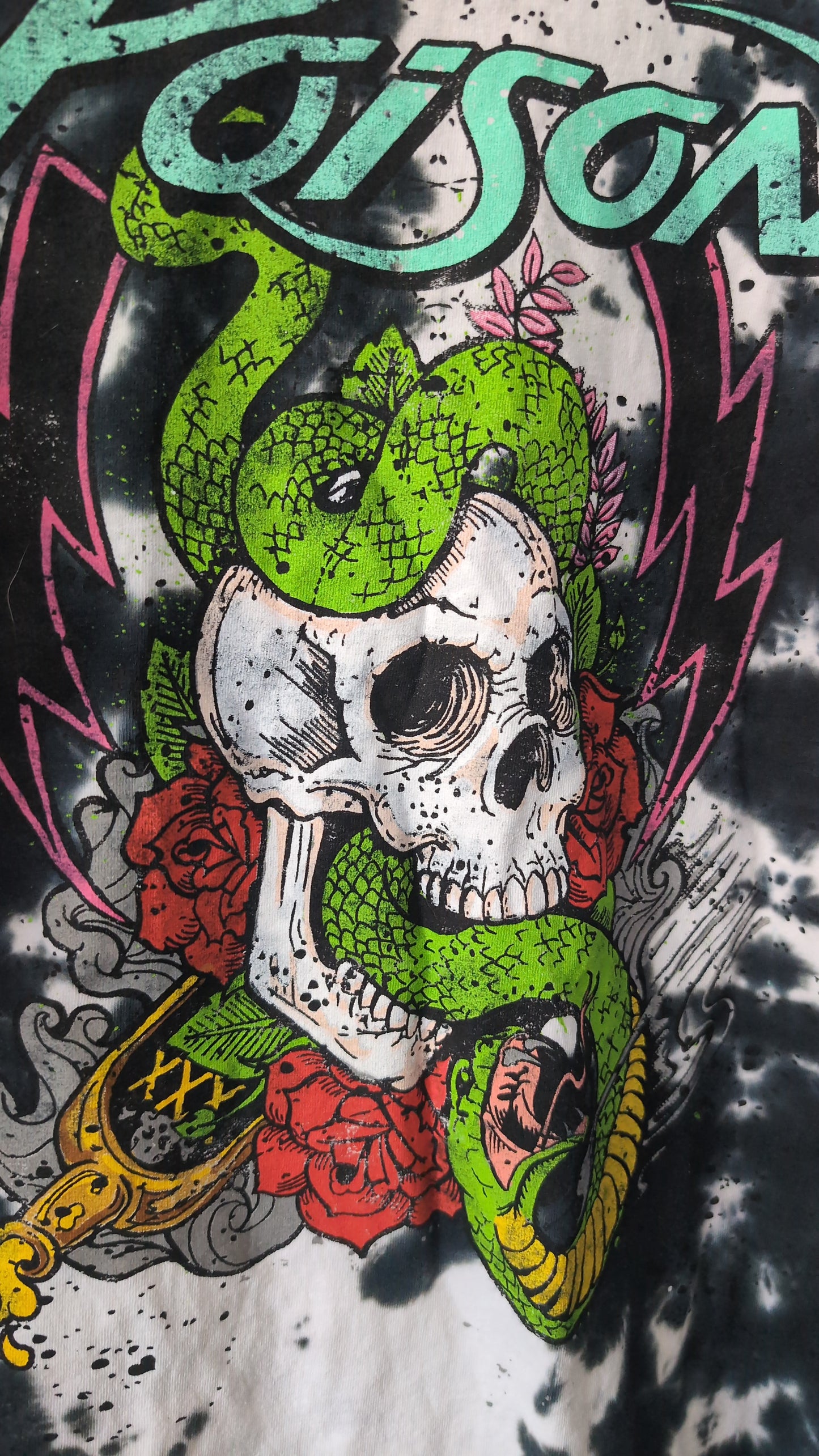 Poison Band T-Shirt Skull Snake Graphic Tie Dye Black Adult Medium