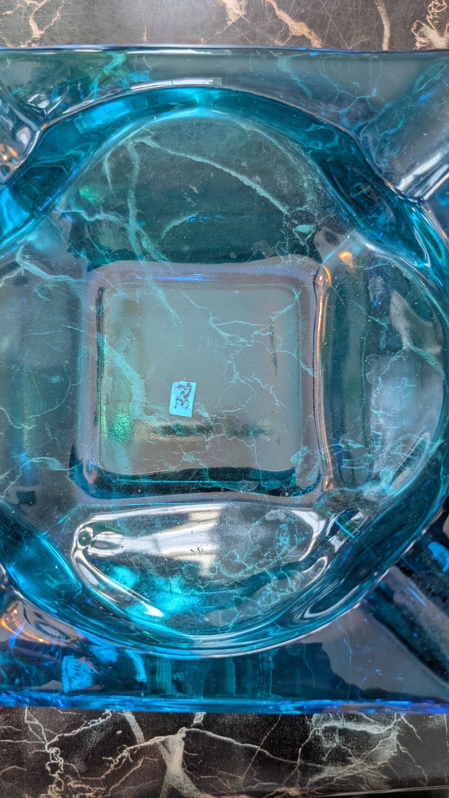 Vintage Turquoise Aqua Blue Glass Square Ashtray – Mid Century Style – Heavy Pressed Glass