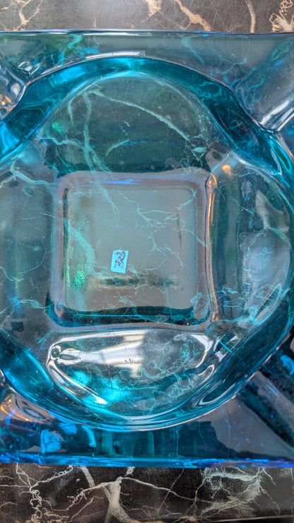 Vintage Turquoise Aqua Blue Glass Square Ashtray – Mid Century Style – Heavy Pressed Glass