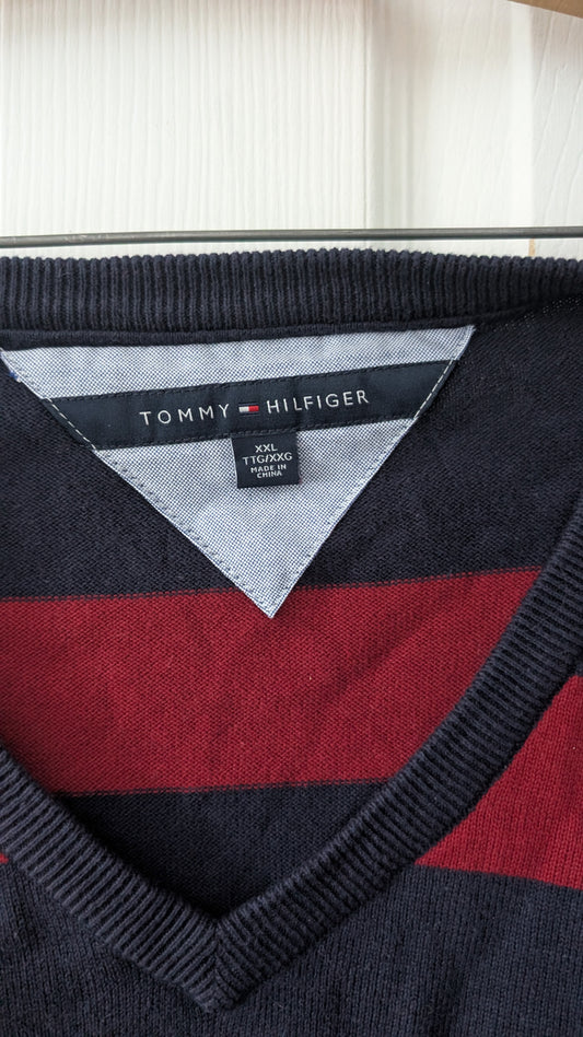 Tommy Hilfiger Men’s V-Neck Sweater Red Navy Stripe 100% Cotton Size XXL