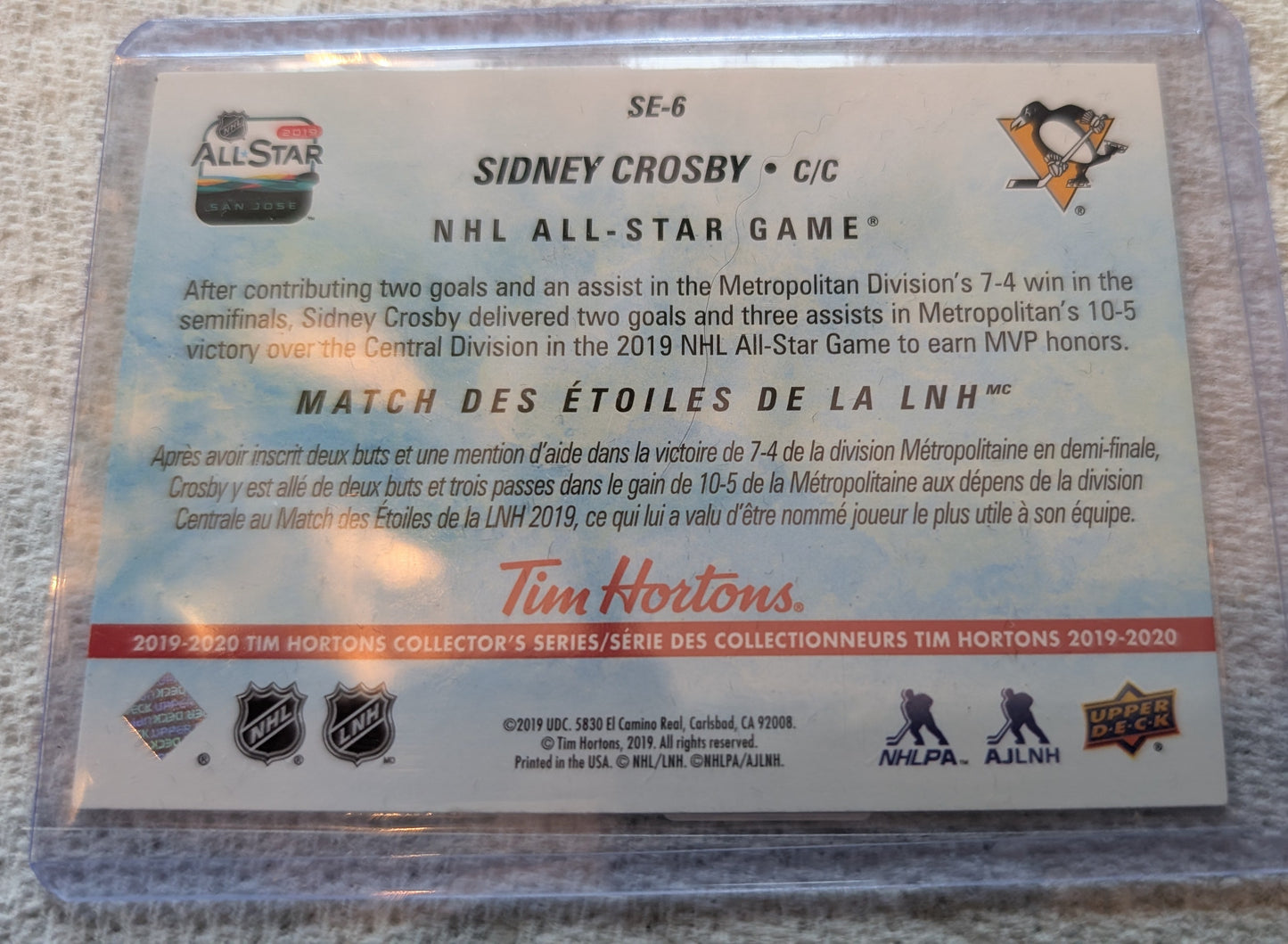 2019-20	Tim Hortons	All-Star San Jose	Sidney Crosby		SE-6	Pittsburg Penguins french&english