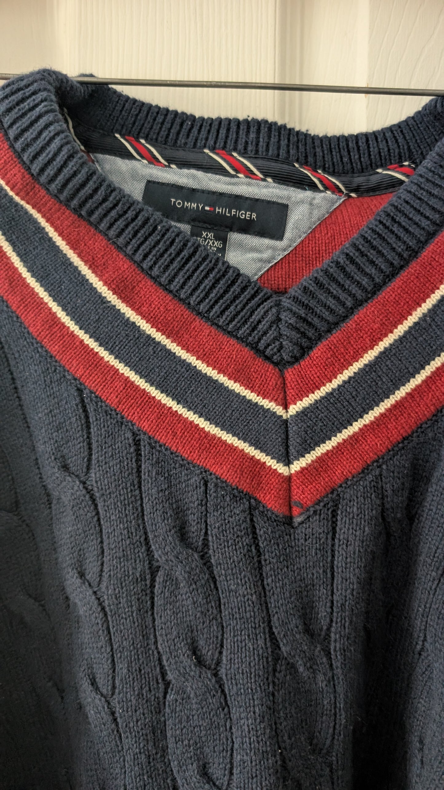 Tommy Hilfiger Men’s XXL Cable Knit V-Neck Sweater Navy Red White Preppy
