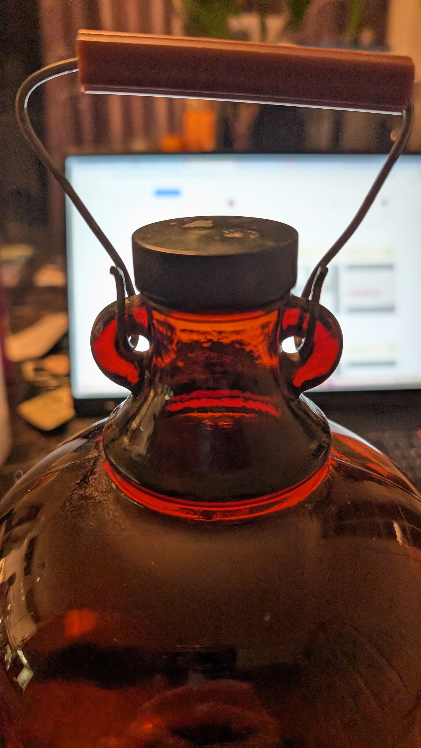 Vintage Amber Glass Jug 160 oz – Made in Canada – Wire Handle Brown Bottle