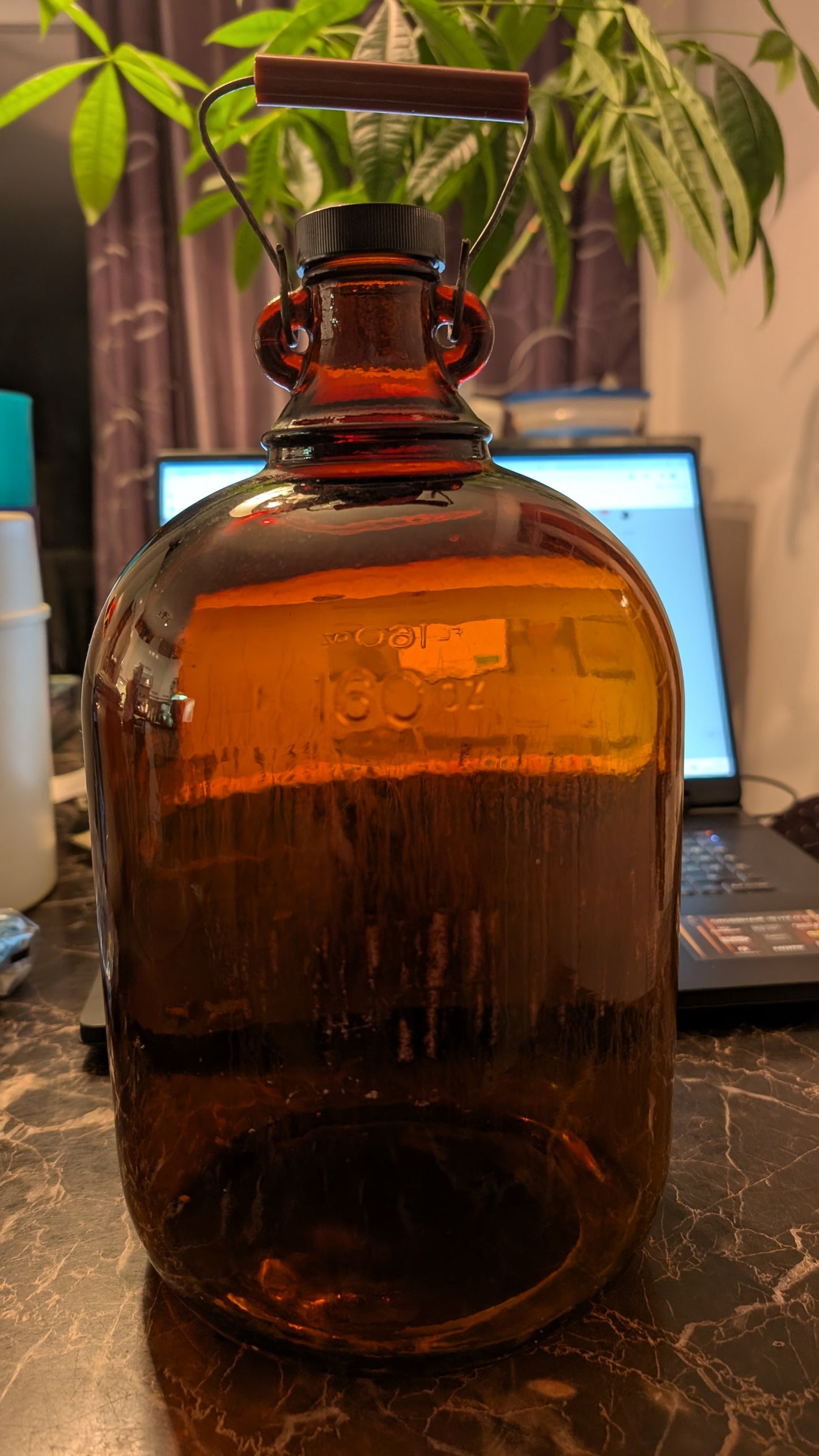 Vintage Amber Glass Jug 160 oz – Made in Canada – Wire Handle Brown Bottle