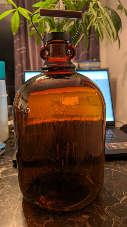 Vintage Amber Glass Jug 160 oz – Made in Canada – Wire Handle Brown Bottle