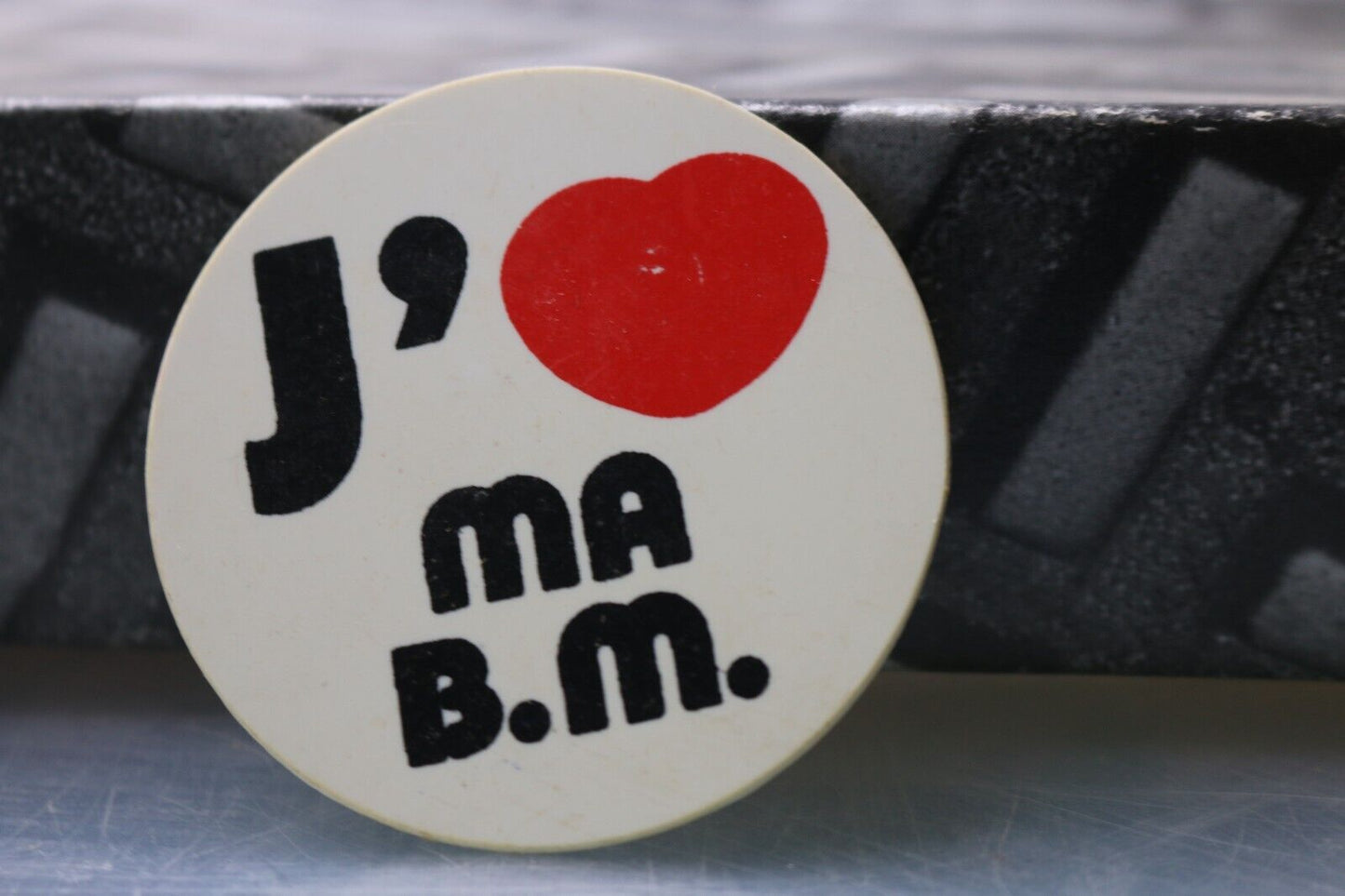 Vintage Macaron Pinback Québec J'Aime Ma B.M Auto I Love My Bm Car White Buttom