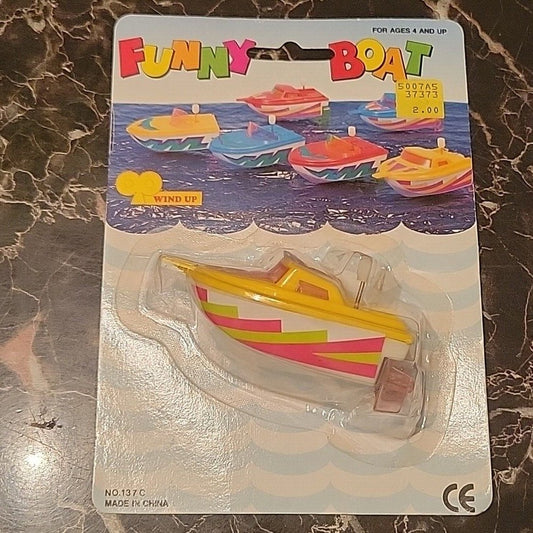 Vintage Cute Funny Boat Wind Up Toy Sealed On Card 1980'S