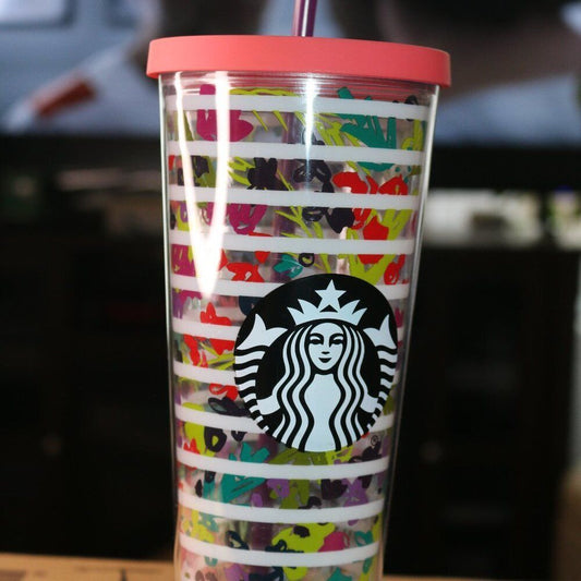 2017 Starbucks 24Oz Venti Cold Cup Tumbler Flower Floral Stripes With Lid &Straw