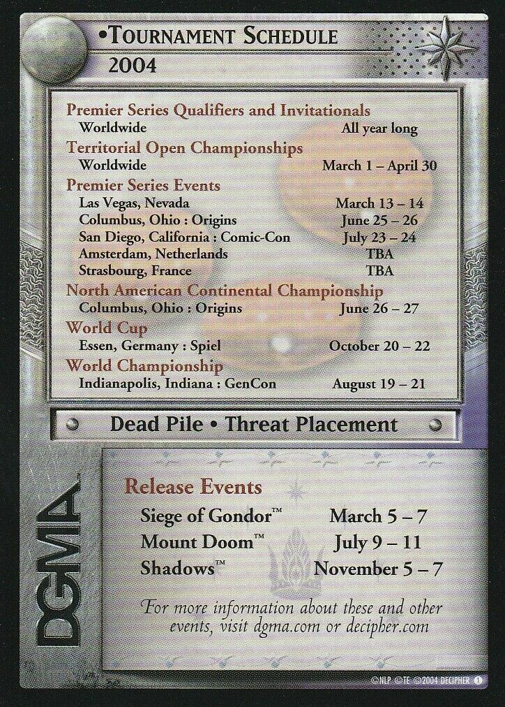 Lotr: Tournament Schedule 2004 Dgma Card (3 Dates) [Lightly Played] Lotr Promo I