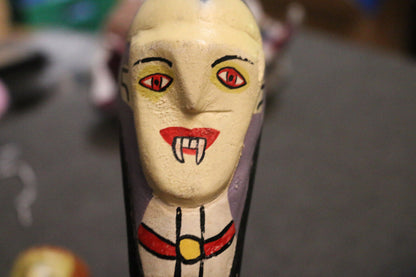 Lot Of 2 Monsters Frankenstein Dracula Wooden Spoon, Fork Head Hand Made Painted