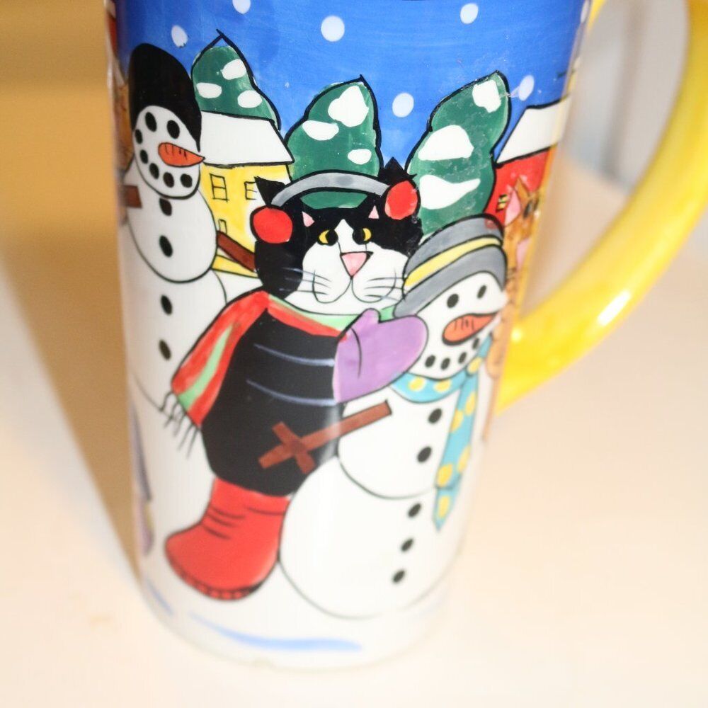 Catzilla By By Candace Reiter, Latte Mug, Snowmen. A Small Chip On Handle.