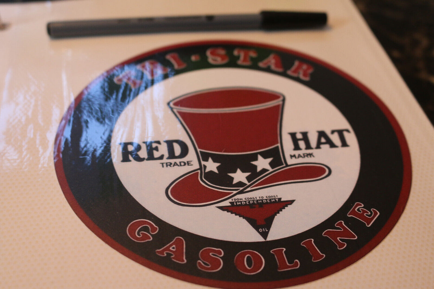 1X 6" Red Hat Gasoline Motor Oil Round Sign Nostalgic Retro Wall Decor Sticker 2