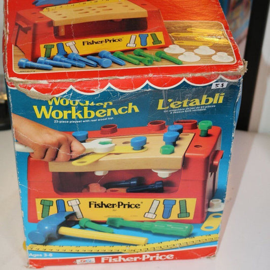 Vintage 1980 Fisher Price Woodtop Plastic Work Bench Tools Kit #927 Original Box