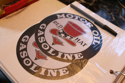 2X6" Red Hat Gasoline Motor Oil Round Sign Nostalgic Retro Wall Decor Sticker 12