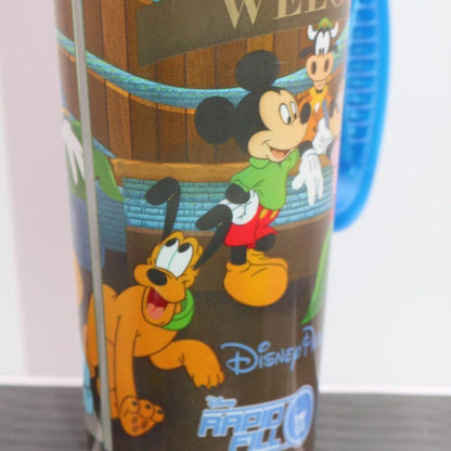 Walt Disney Parks Rapid Fill Travel Mug Blue Top 7”Inch Disney Whirley Rapid Cup
