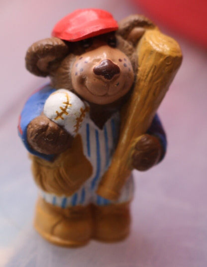 Vintage 1986 Baseball Player Teddy Bear Figure Figurine 2" Rubber Plastic Pvc