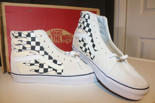 Vans Sk8 Hi Checker Flame Classic White Skate Shoes Checkerboard Unisex M9 W11