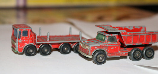 Vintage Lesney Matchbox No. 48 Dodge Dumper Truck & Bedford Pipe Truck Vtg Red
