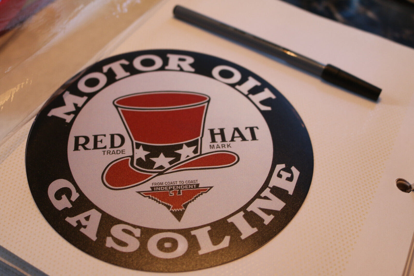 1X6" Red Hat Gasoline Motor Oil Round Sign Nostalgic Retro Wall Decor Sticker 19