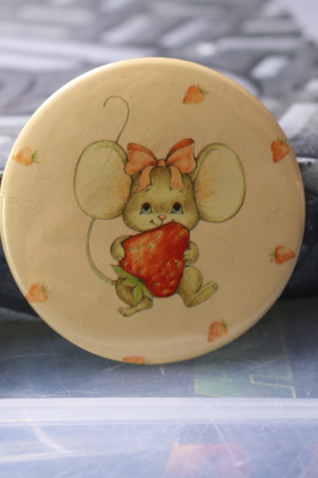 Vintage Macaron Pinback Cute Mice Mouse Big Ears W/ A Strawberry Fruit Drawing