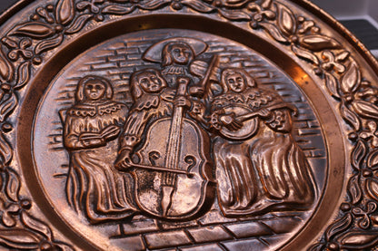 12" Pressed Copper Wall Display Plate, Musical Instruments Scene Made Vintage