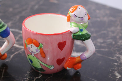 Vintage Gryphon Ware Two Tone 3D Cup Mug Morning Boy & Girl Mold Coffee Cuties