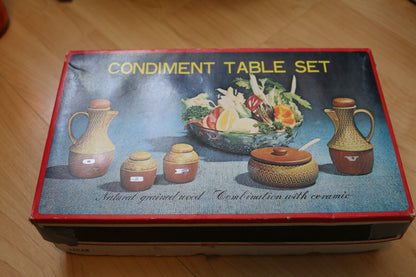Vintage Condiment Table Set Natural Grained Wood Combination W/ Ceramic 1970'S