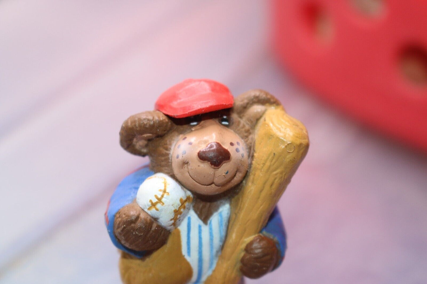 Vintage 1986 Baseball Player Teddy Bear Figure Figurine 2" Rubber Plastic Pvc