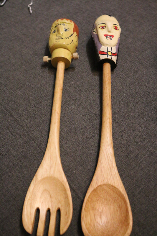 Lot Of 2 Monsters Frankenstein Dracula Wooden Spoon, Fork Head Hand Made Painted