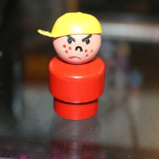 Vintage Fisher Price Wooden Little People Angry Boy Red Body Yellow Cap Figure