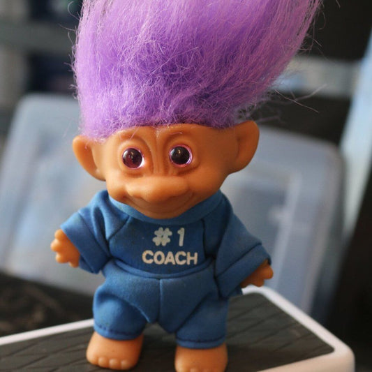 Vintage 4” #1 Coach Purple Hair Troll Doll Russ Berrie & Co. Blue Track Suit