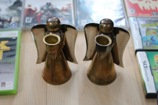 Vintage Large Brass And Copper Angel Candlestick Holders - Set Of 2