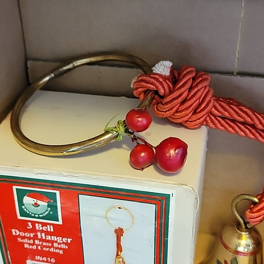 Vintage Santas World 3 Solid Brass Bells Poinsettias Door Hanger Kurt'S Adler