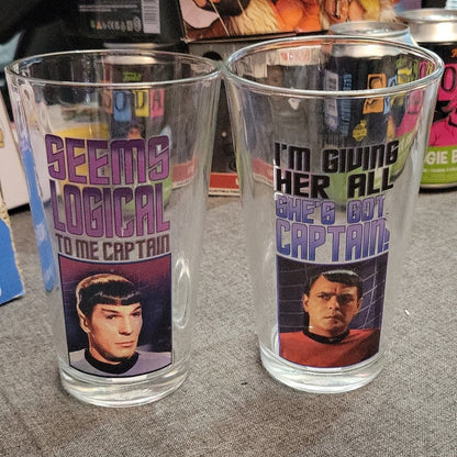 Lot Of 2 Star Trek Glasses Glass Spock Captain Kirk