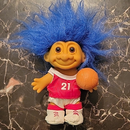 Vintage Russ Troll Doll Basketball Player Blue Hair Red & White Jersey #18438