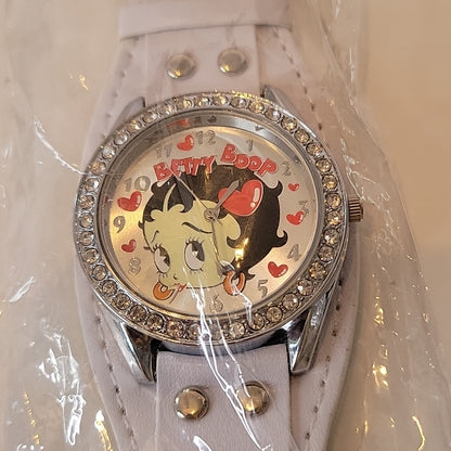 King Betty Boop W/ Diamond Color Style Stones Watch White Leather Women Like New