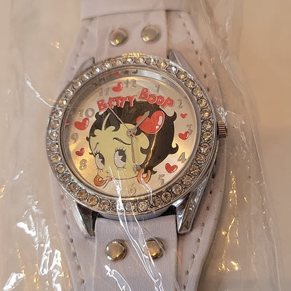 King Betty Boop W/ Diamond Color Style Stones Watch White Leather Women Like New