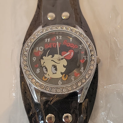 King Betty Boop W/ Diamond Color Style Stones Watch Black Leather Women Like New