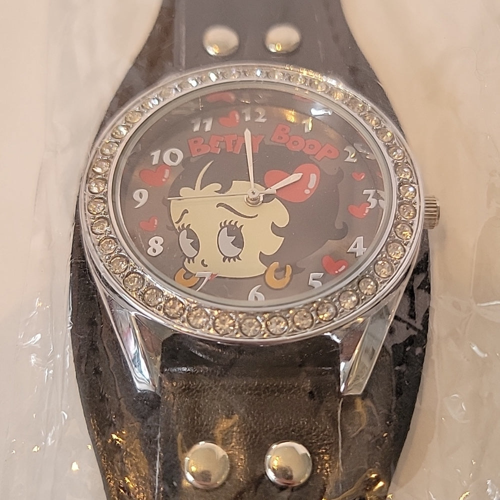 King Betty Boop W/ Diamond Color Style Stones Watch Black Leather Women Like New