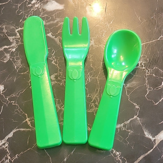 Vintage Fisher Price Fun Rare Food Green Fork Knife Spoon Cutlery Silverware Set