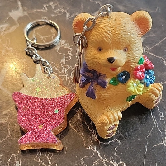 Lot Of 2 Key Chains Teddy Bear Sharpener Toys And A Pink Milkshake