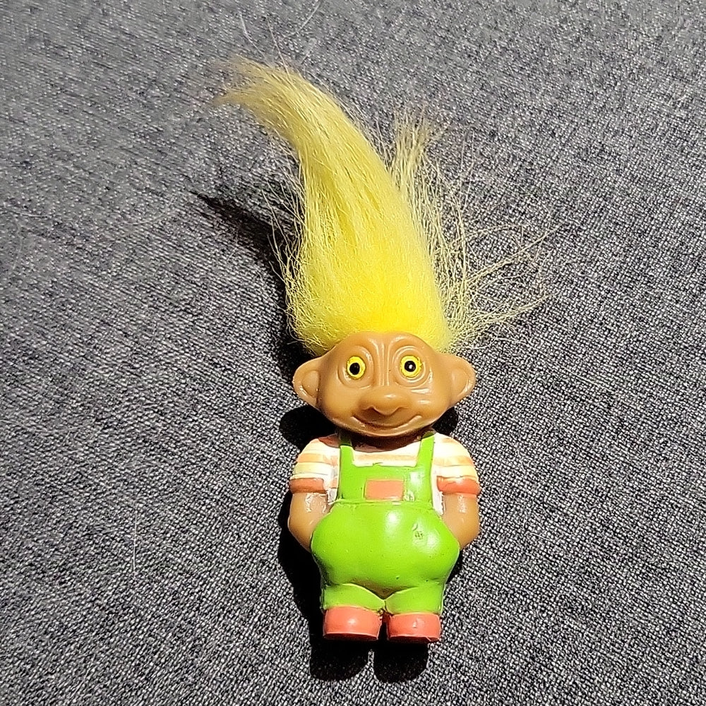 Vintage Trolls Soma Yellow Hair Green Overalls Orange Stripes Shirt Small Figure
