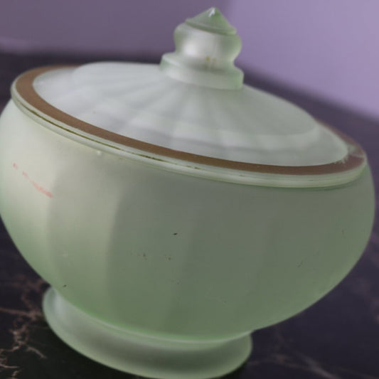 Vintage Green Frosted Glass Footed Candy Dish With Lid