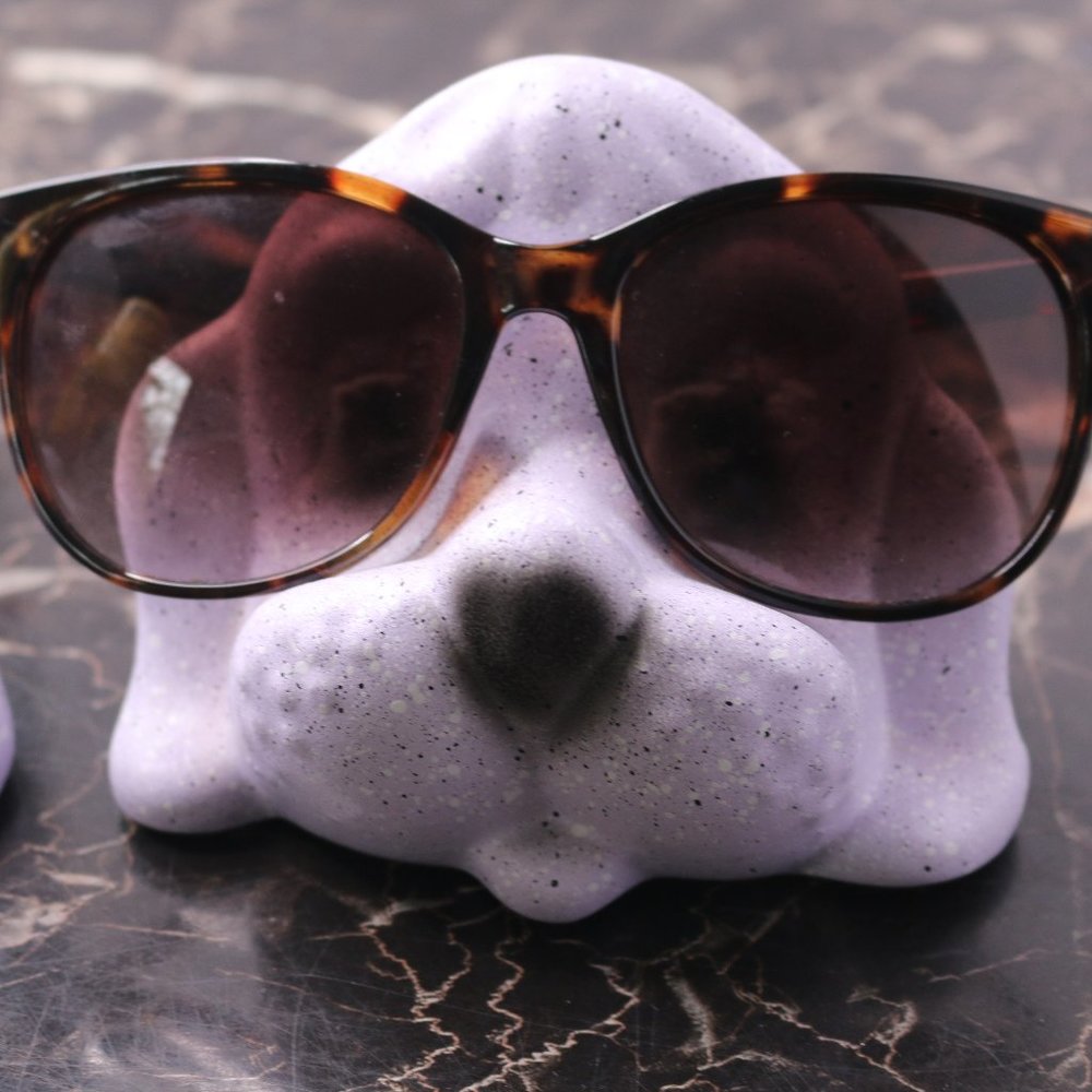 Lot Of 2 Vintage Dog Face Head Eyeglass Holder Ceramic Figurine Purple Painted