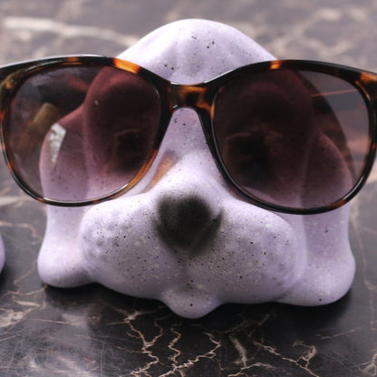 Lot Of 2 Vintage Dog Face Head Eyeglass Holder Ceramic Figurine Purple Painted